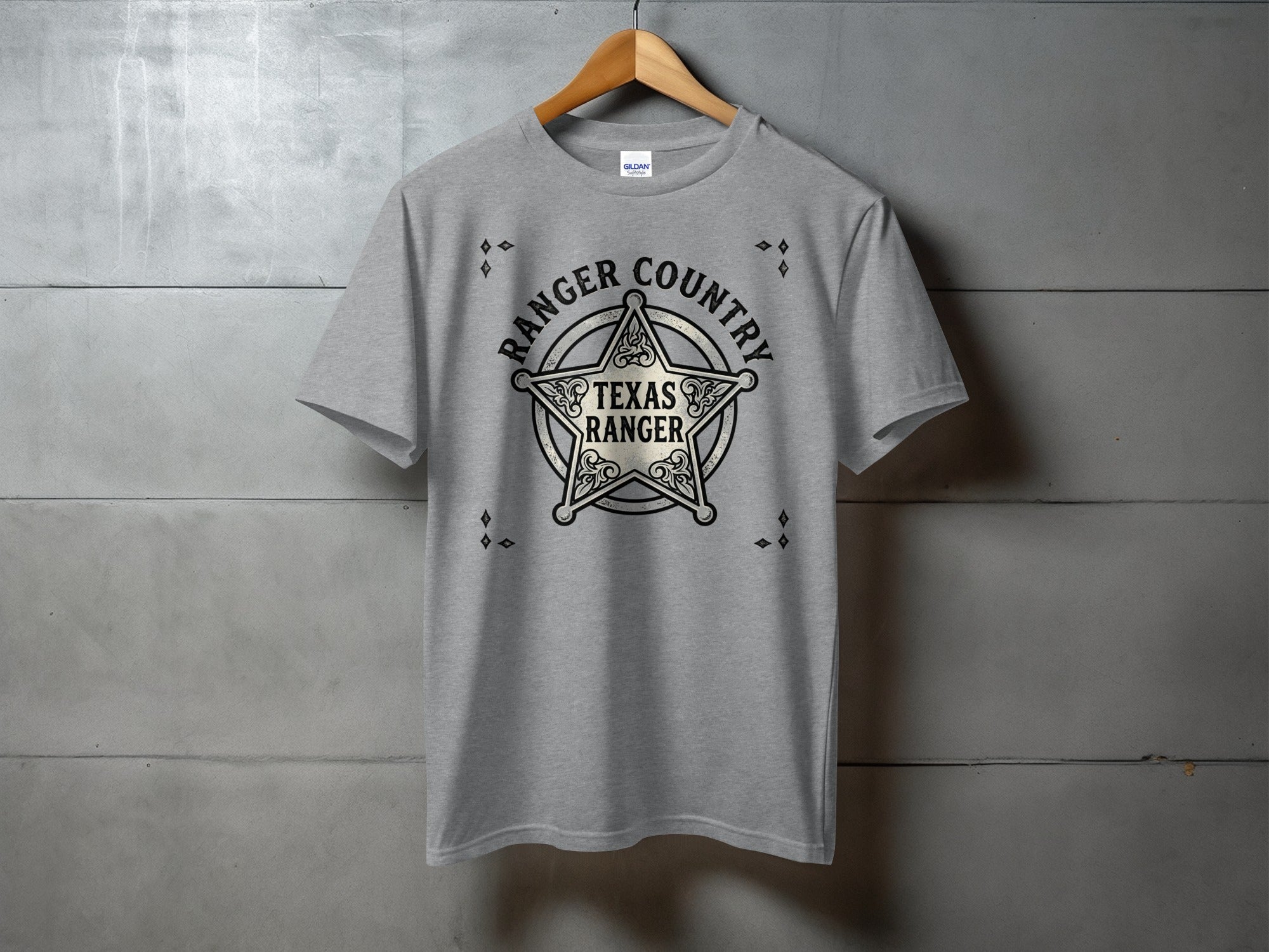 Grey t-shirt with "Texas Ranger" and "Ranger Country" text on a star badge.