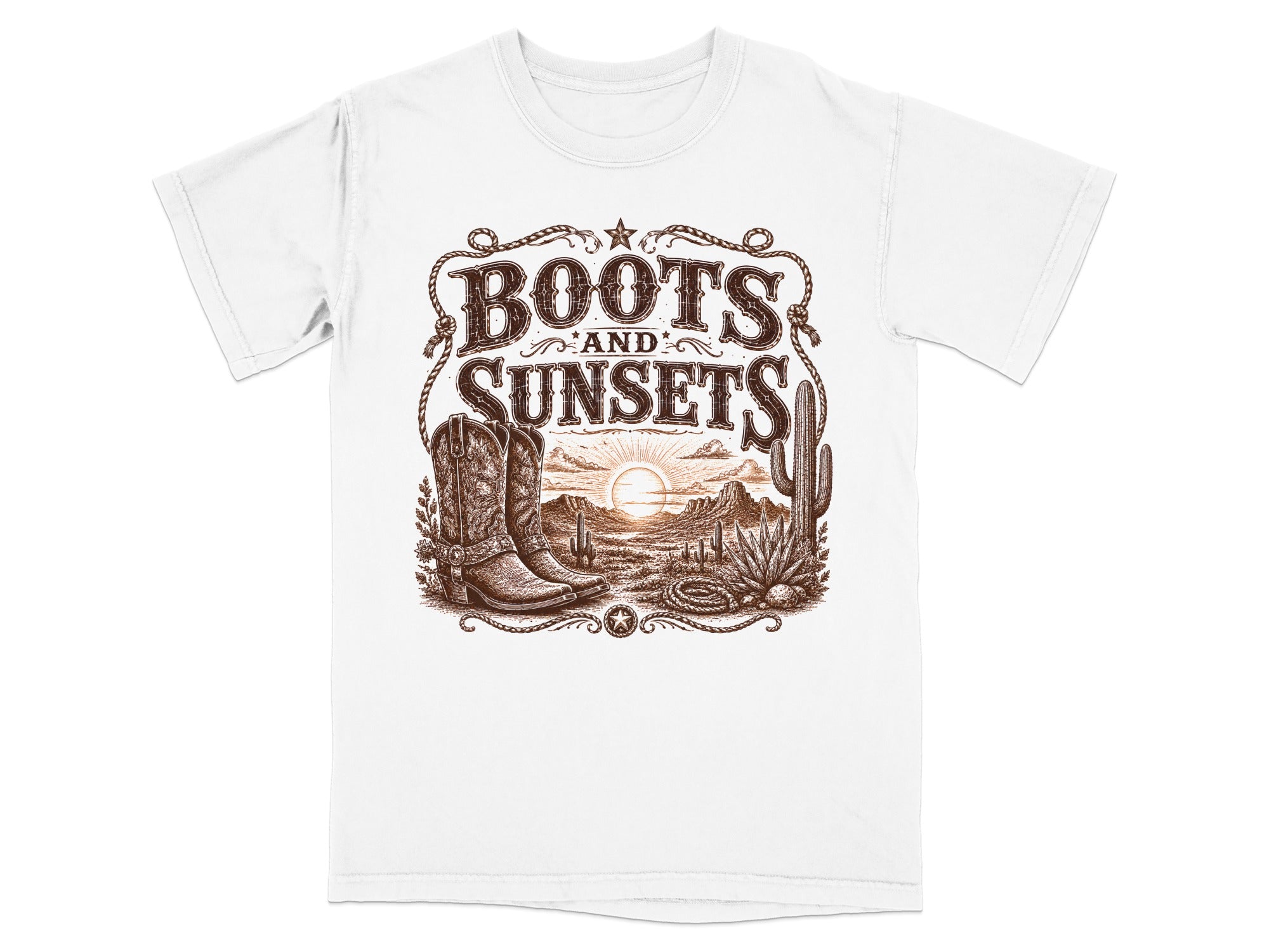 White t-shirt with "Boots and Sunsets" text and western desert scene graphic.
