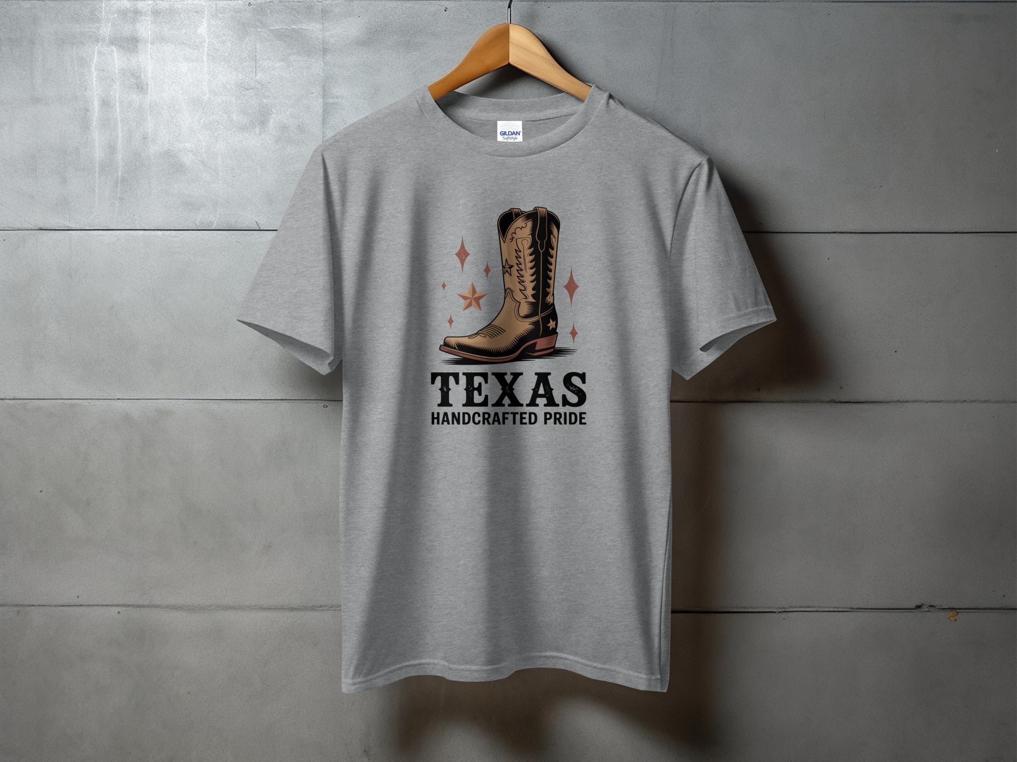Grey t-shirt with Texas handcrafted pride and cowboy boot design.