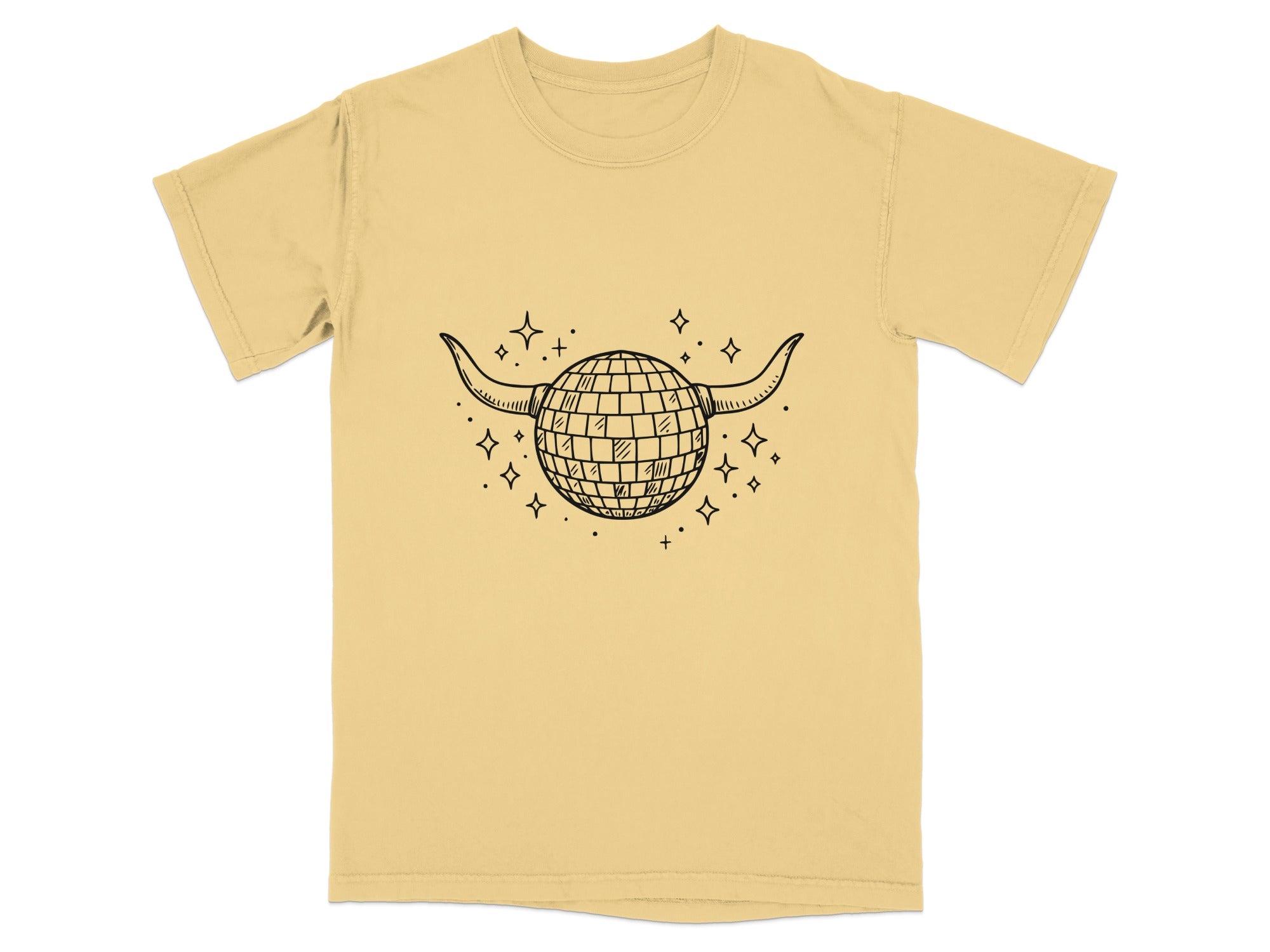 Yellow t-shirt with a black line drawing of a disco ball with bull horns and stars.