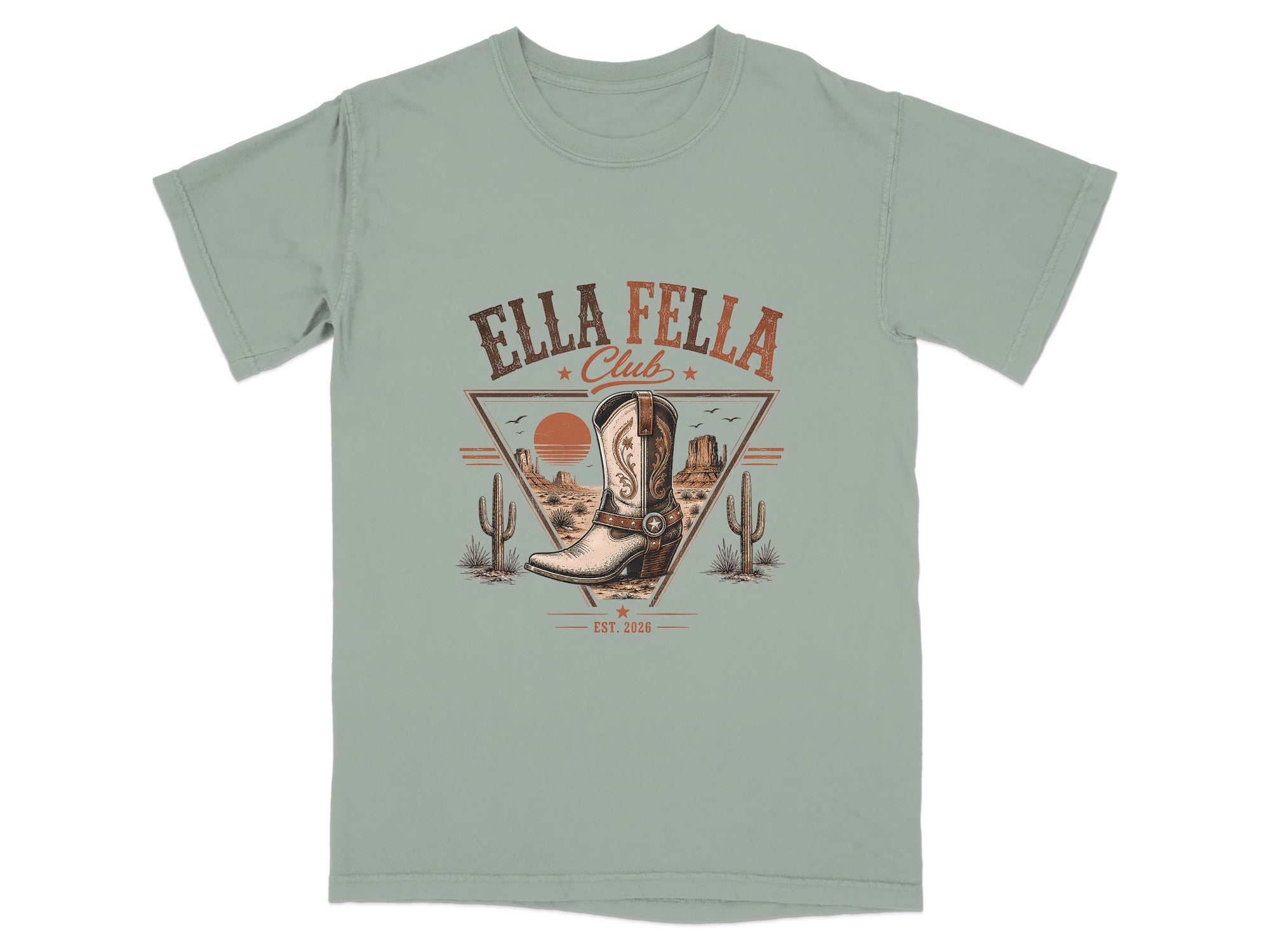T-shirt with western graphic of a cowboy boot, desert landscape, and "Ella Fella Club EST. 2026".