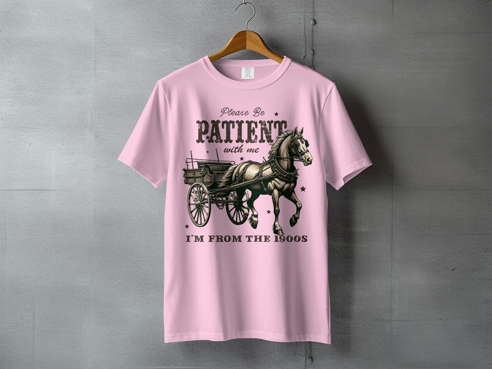 Pink t-shirt with horse and carriage graphic and "Please Be Patient With Me I'm From The 1900s" text.