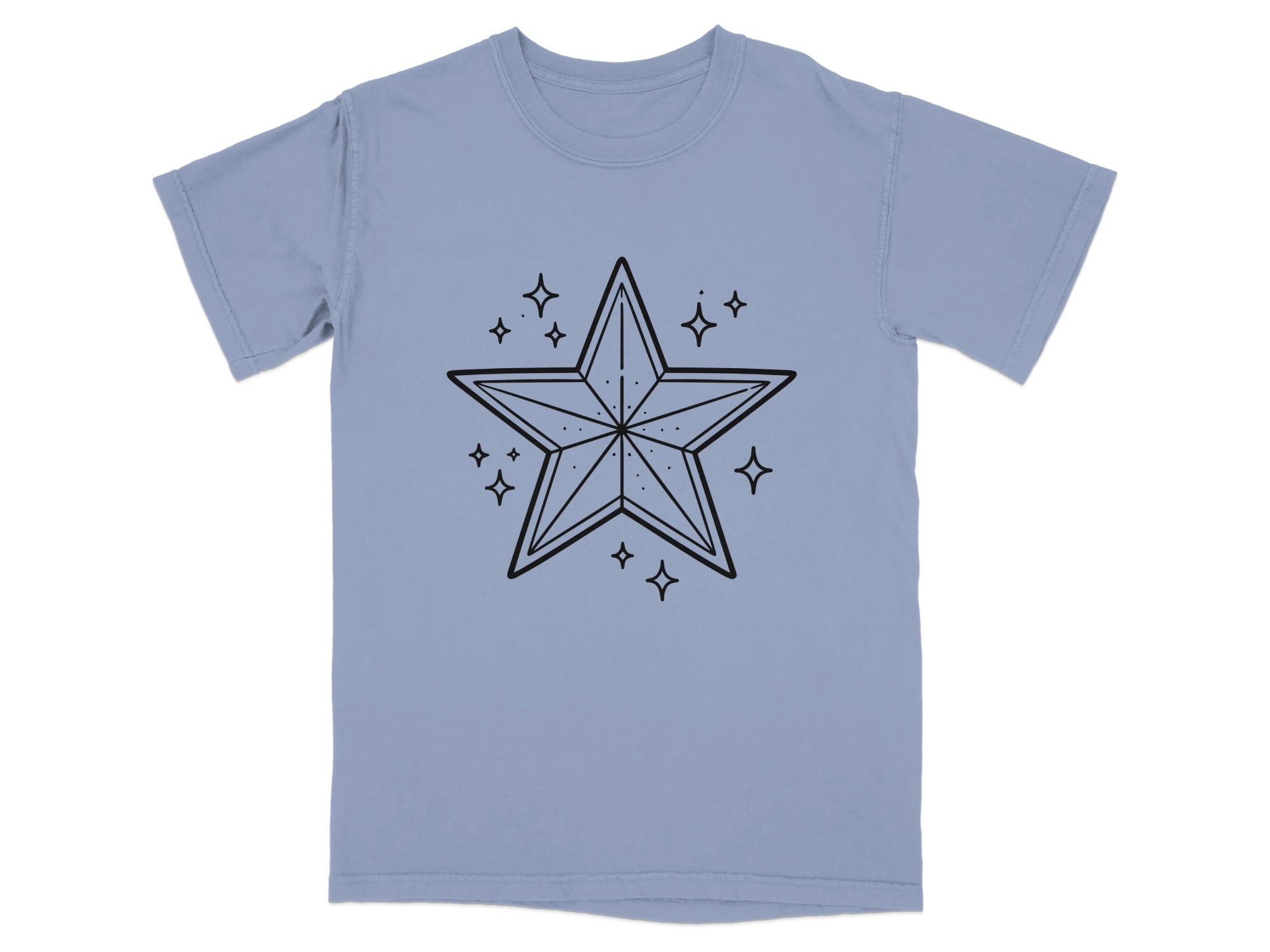 Light blue t-shirt with a black outlined geometric star and surrounding sparkles graphic.