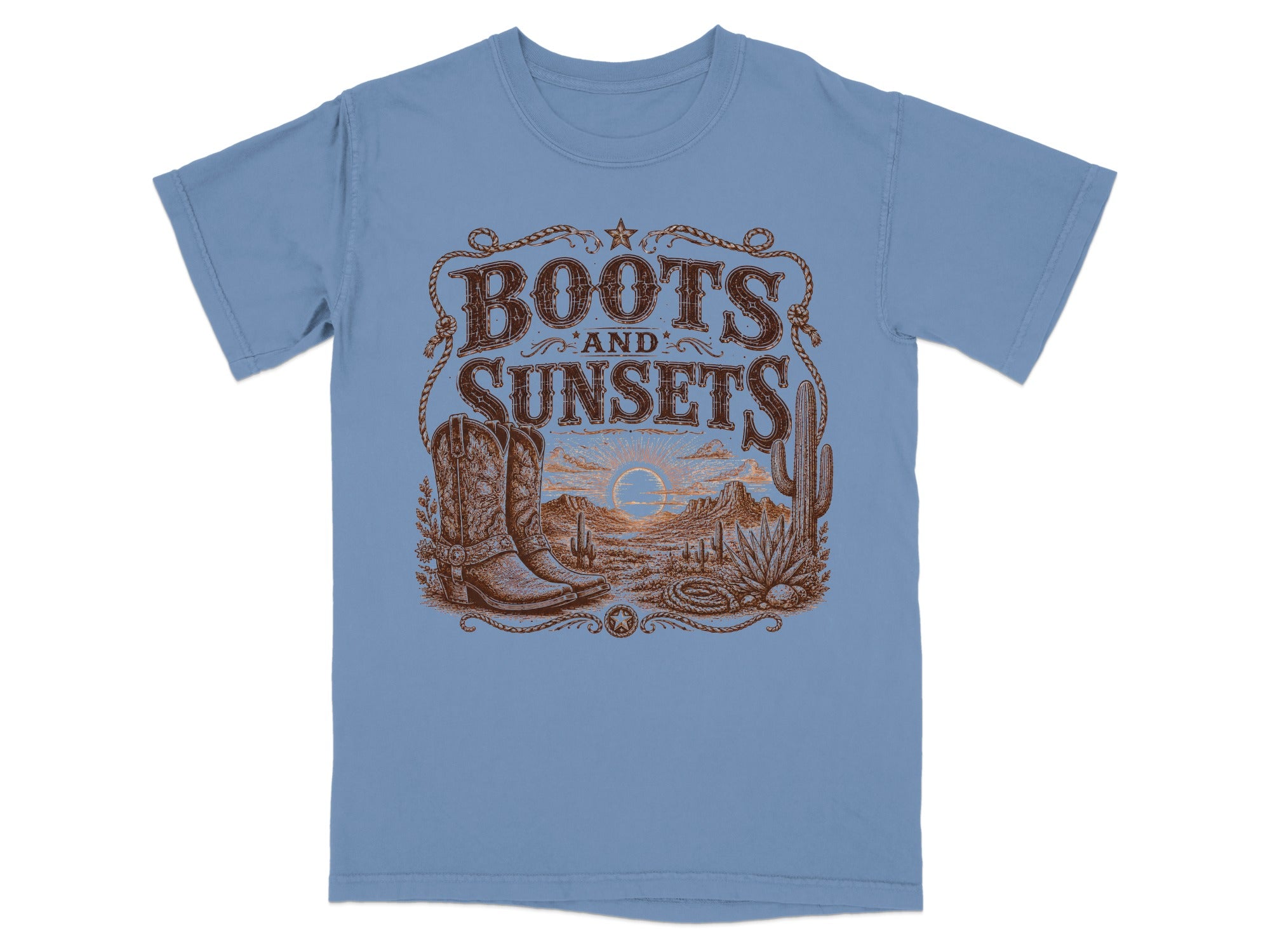 Western scene graphic with cowboy boots, cacti, mountains, and the text "Boots and Sunsets".