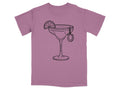 Line drawing of margarita glass with lime wedge and horseshoe charm on purple t-shirt.