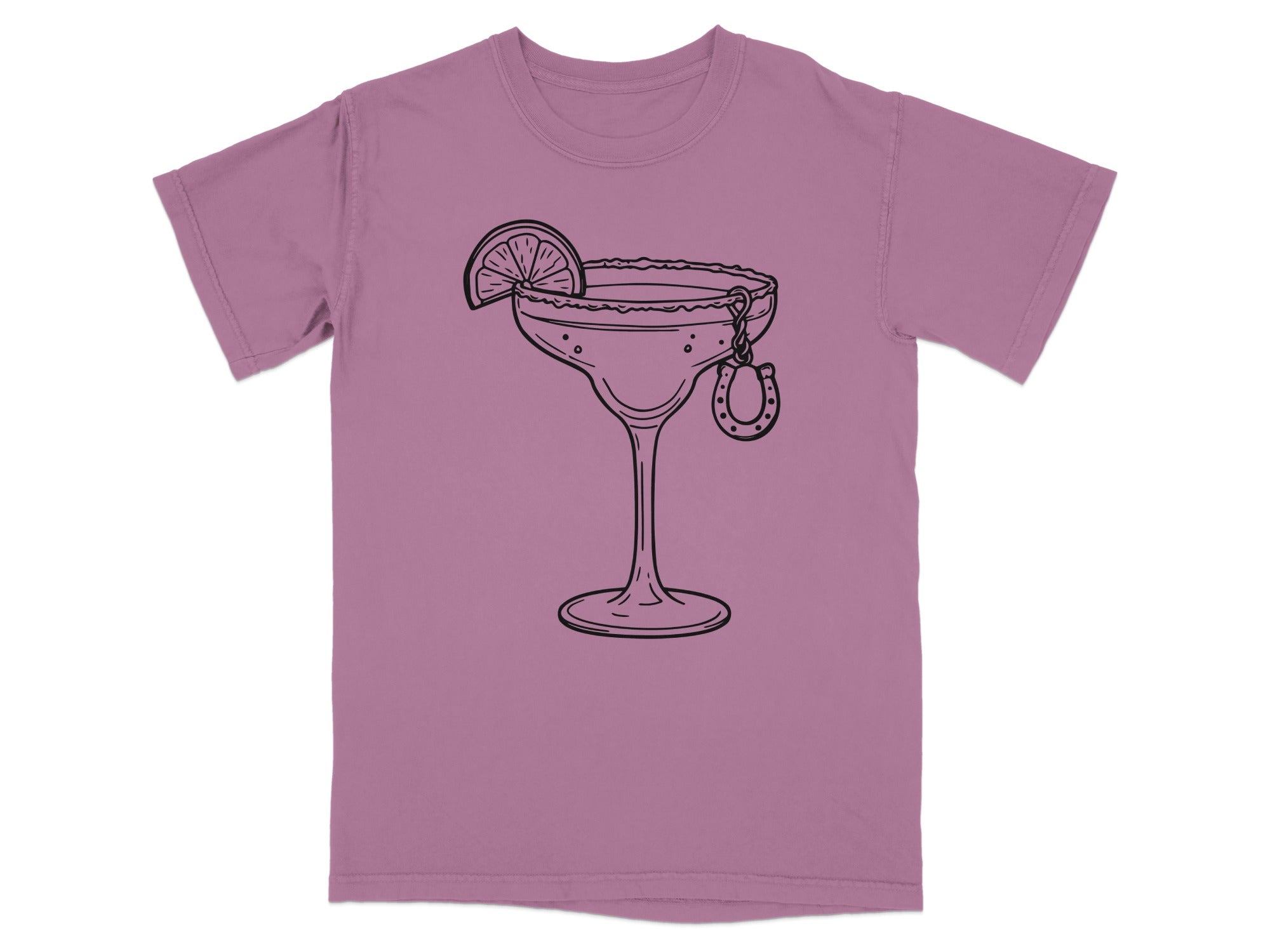 Line drawing of margarita glass with lime wedge and horseshoe charm on purple t-shirt.