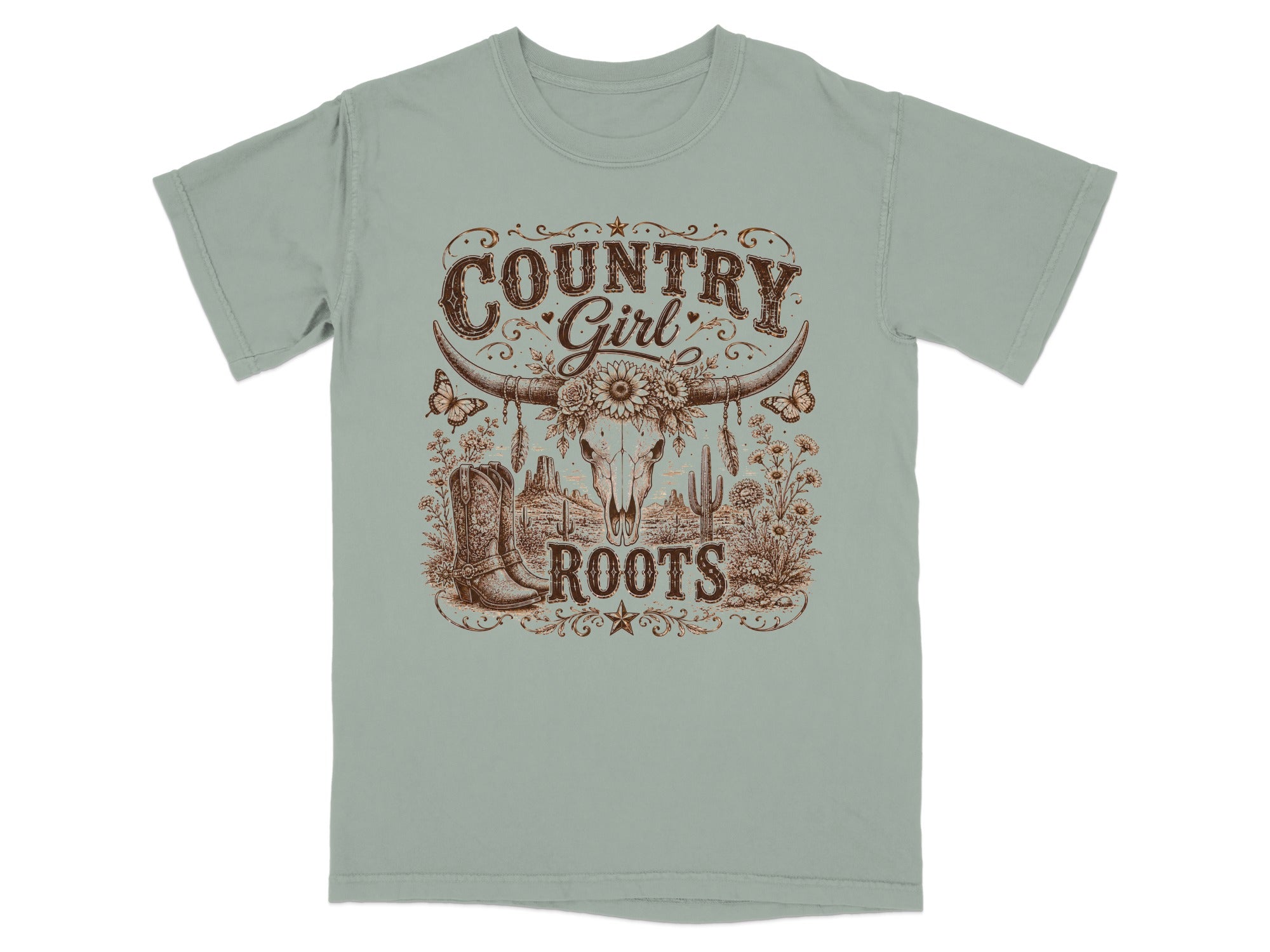 T-shirt with "Country Girl Roots" graphic featuring a steer skull, boots, and desert flora.