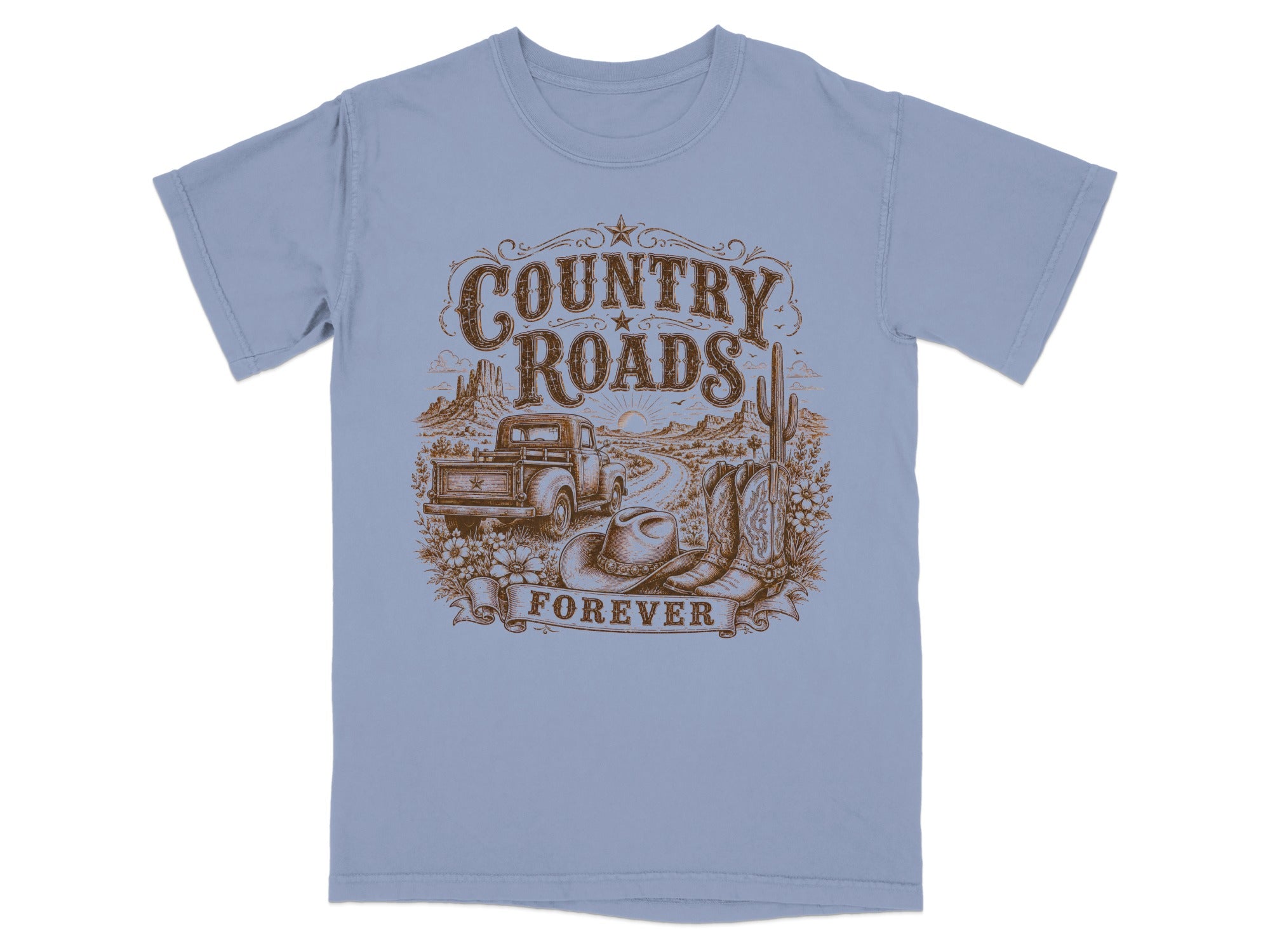 Brown graphic of truck and cowboy boots with "Country Roads Forever" text on blue shirt.