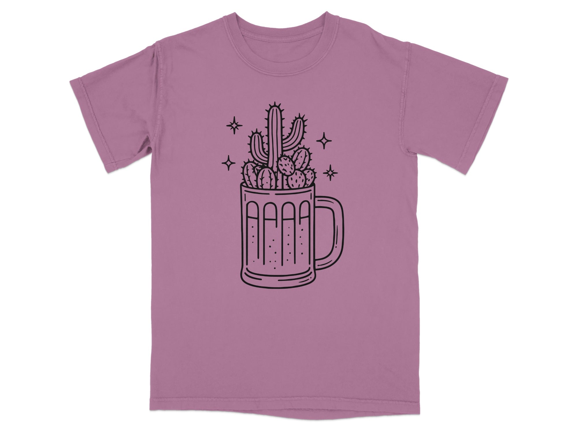 Illustration of cacti in a beer mug with sparkles on a purple t-shirt.
