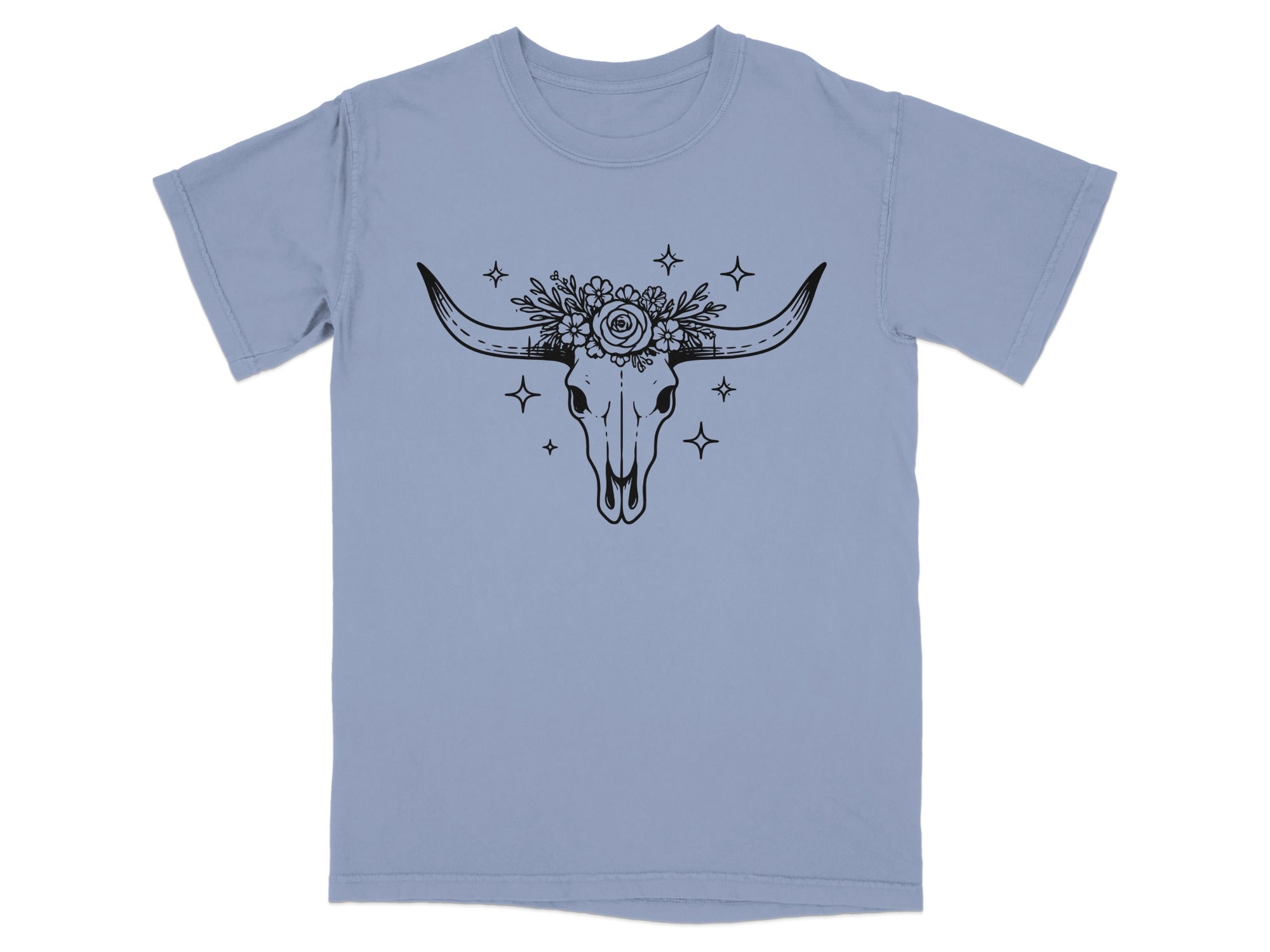 Light blue t-shirt with black bull skull and flowers graphic.