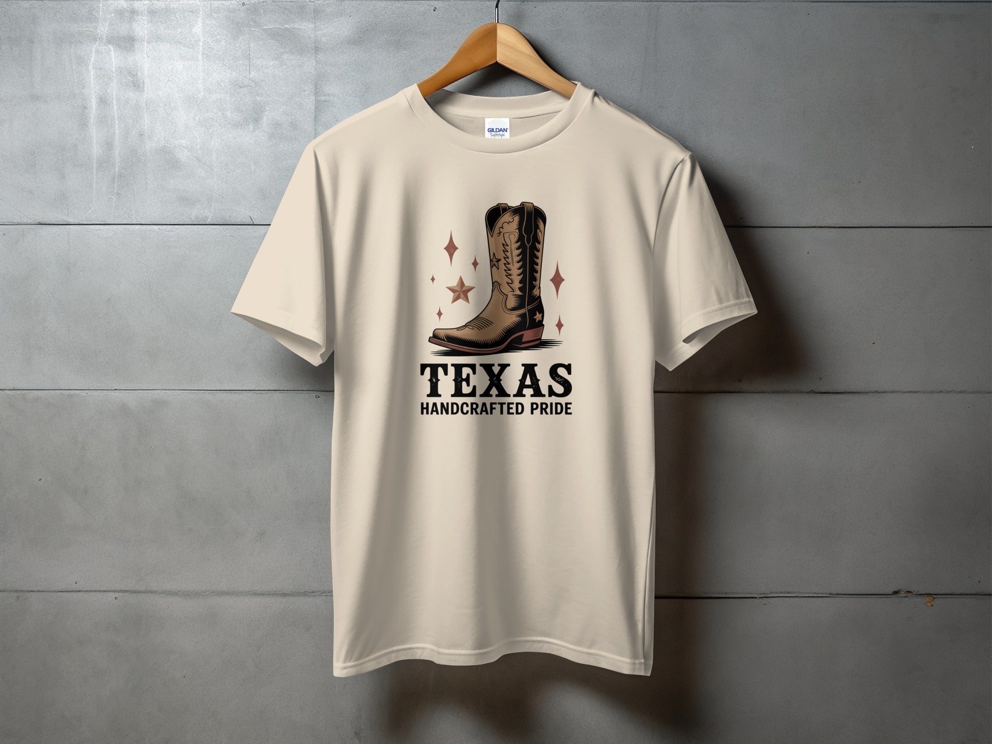 Cream t-shirt with a cowboy boot and "TEXAS HANDCRAFTED PRIDE".