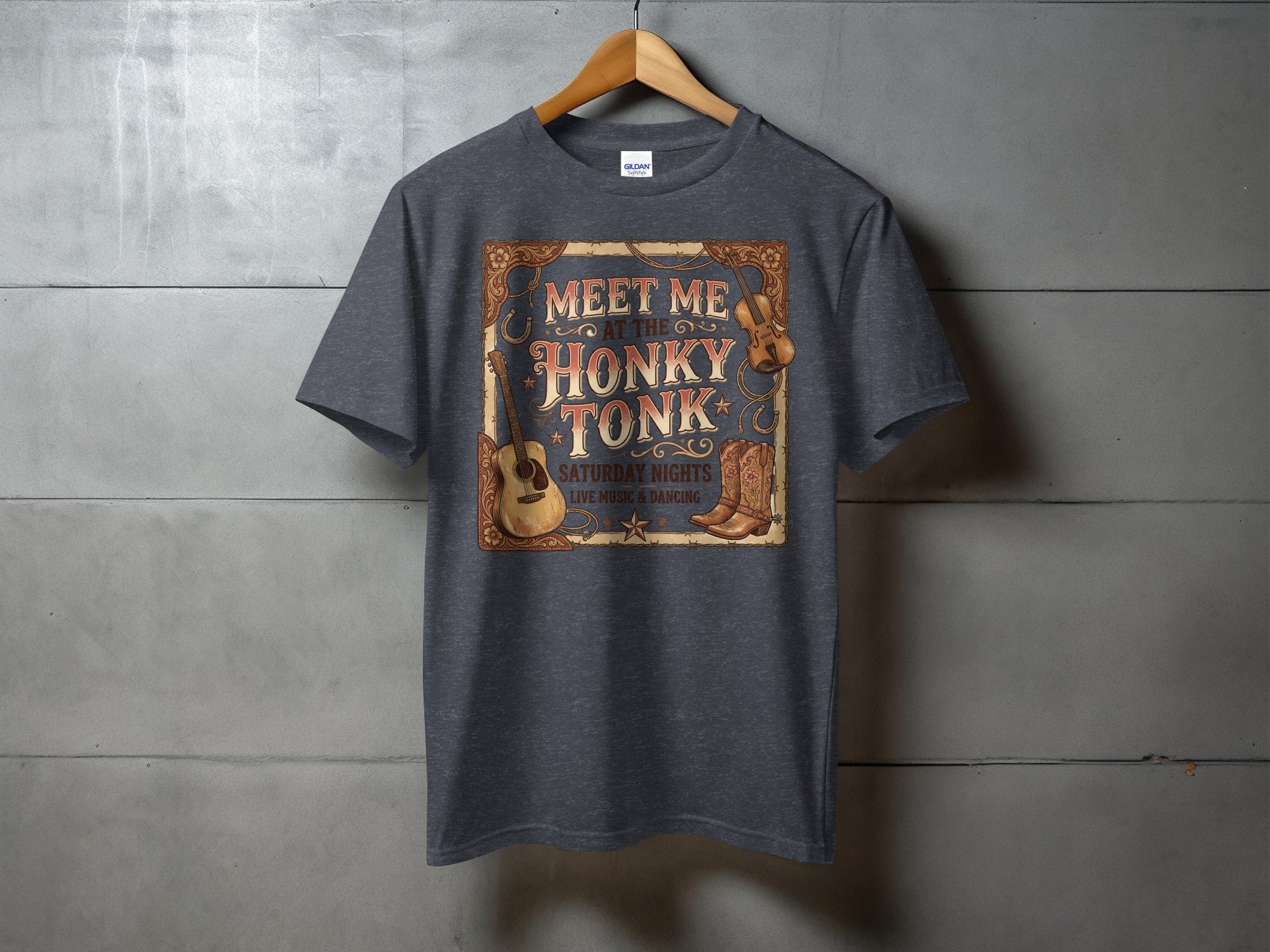 Dark grey t-shirt with "Meet me at the Honky Tonk" text and cowboy boots.