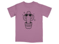 Purple t-shirt with a black line drawing of a cactus in heart-shaped sunglasses.