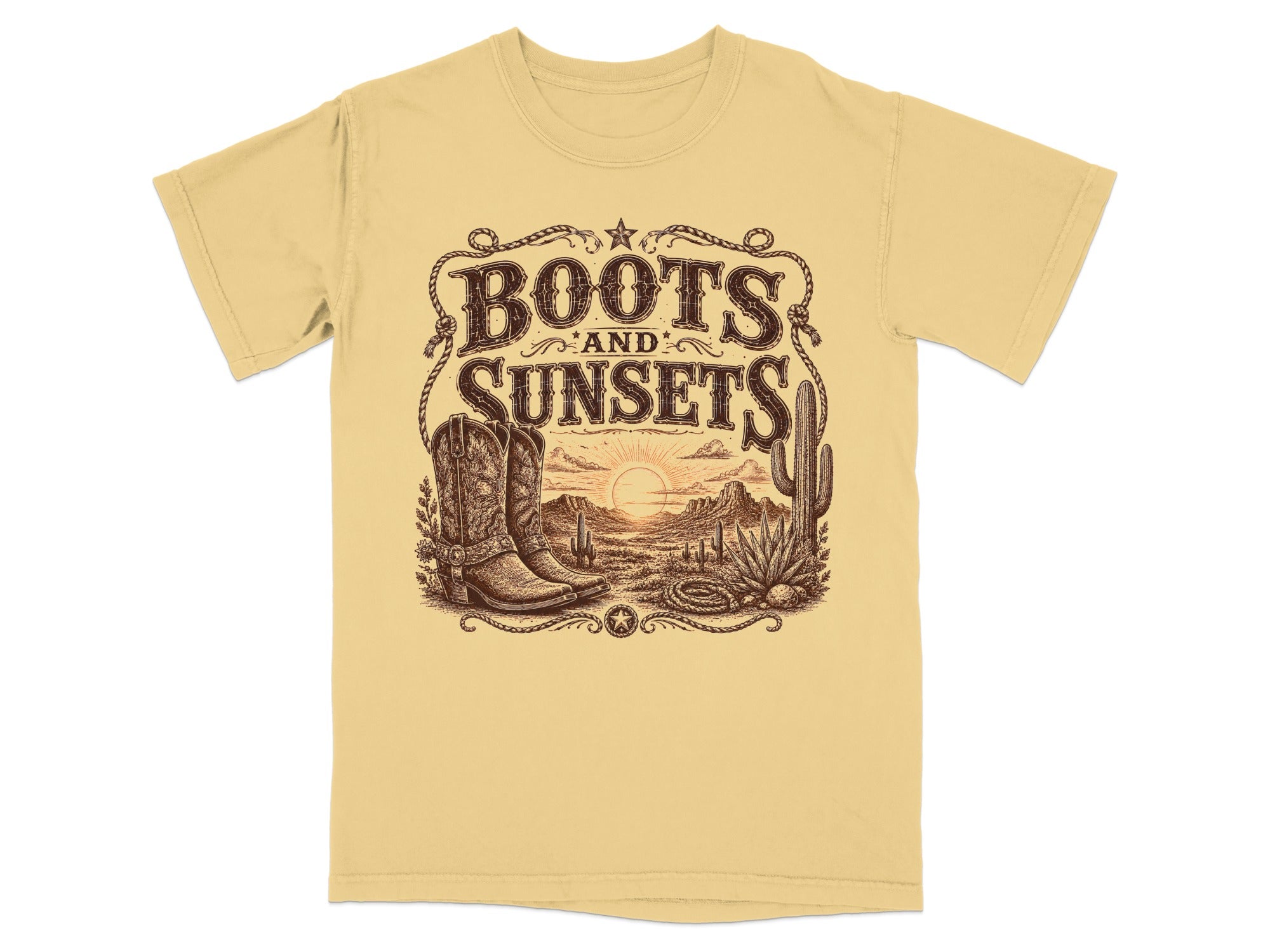 "Boots and Sunsets" text graphic with cowboy boots, desert landscape, and cacti.